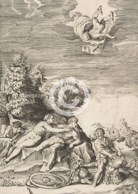 Calypso trying to detain Ulysses as a child prepares his armour at right and Mercury fa..., 1531-76. Creator: Giulio Bonasone.