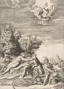 Calypso trying to detain Ulysses as a child prepares his armour at right and Mercury fa..., 1531-76. Creator: Giulio Bonasone