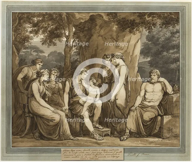 Calypso Watches Telemachus with Cupid on His Knee, While Mentor Watches in Anger..., 1808. Creator: Bartolomeo Pinelli.