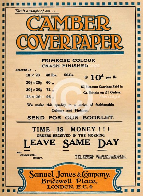 'Camber Coverpaper - Samuel Jones & Company advertisement', 1919. Artist: Unknown.