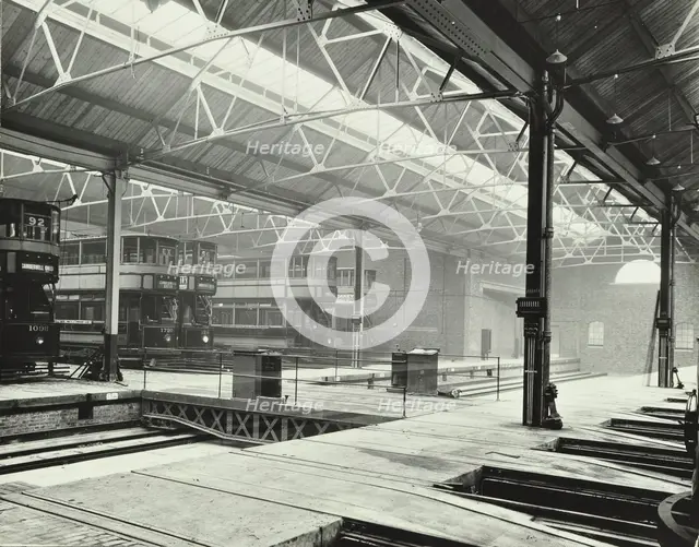 Camberwell Car Shed and trams, London, 1914. Artist: Unknown.