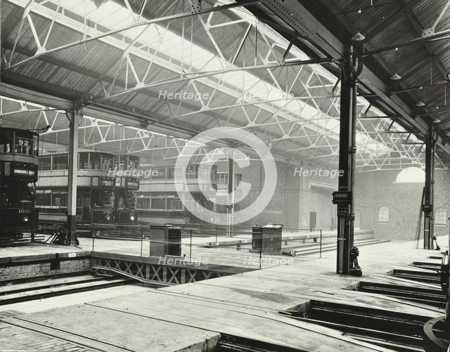 Camberwell Car Shed and trams, London, 1914. Artist: Unknown.