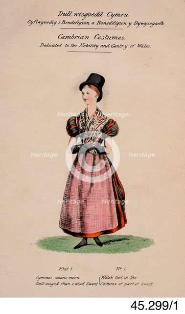 Cambrian Costumes series No. 1, 19th century.  Creator: Lady Llanover.