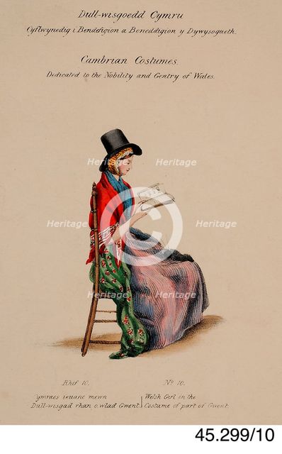 Cambrian Costumes series No. 10, 19th century.  Creator: Lady Llanover.