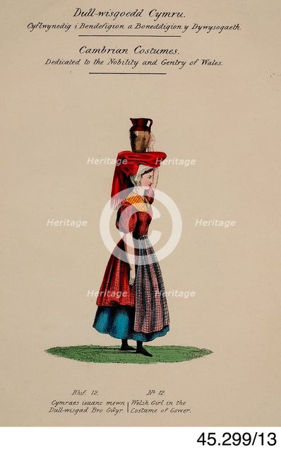 Cambrian Costumes series No. 13, 19th century.  Creator: Lady Llanover.