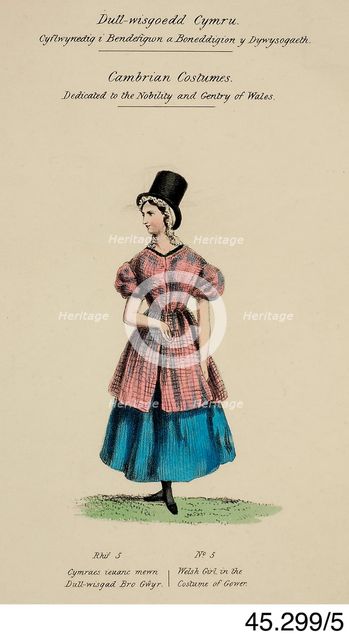 Cambrian Costumes series No. 5, 19th century.  Creator: Lady Llanover.