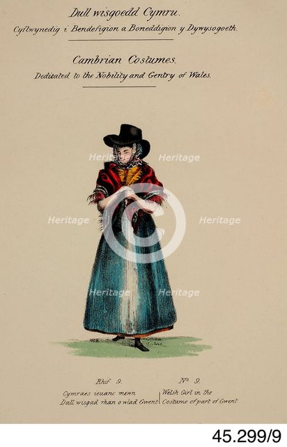 Cambrian Costumes series No. 9, 19th centiury. Creator: Lady Llanover.