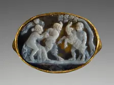 Cameo with Pan, a Maenad, a Satyr and a Goat inset Into a Ring, 25-1 B.C. Creator: Unknown