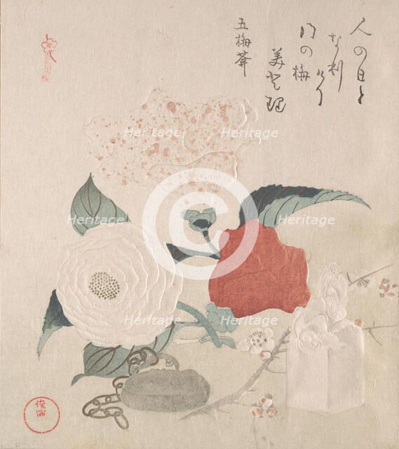 Camellia Flowers, a Netsuke and a Seal, 19th century. Creator: Kubo Shunman.