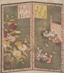 Camellia Flowers (left); People Watching a Cockfight (right), ca. 1820., ca. 1820. Creator: Shinsai