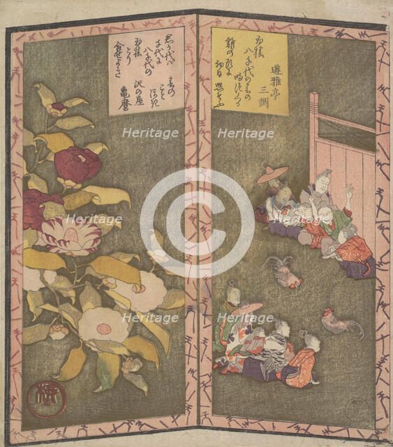 Camellia Flowers (left); People Watching a Cockfight (right), ca. 1820., ca. 1820. Creator: Shinsai.