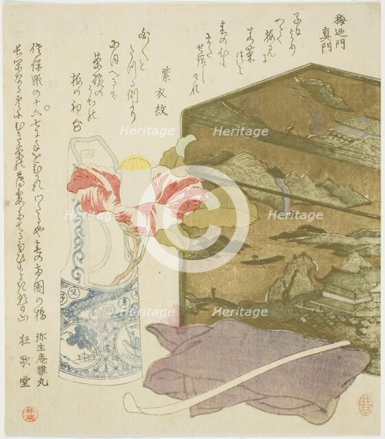 Camellia in Vase and Tea-utensil Box, 1820s. Creator: Rintei.