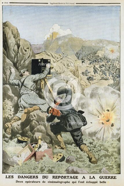 Cameramen under fire while filming in the First Balkan War, 1912. Artist: Unknown