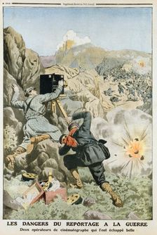 Cameramen under fire while filming in the First Balkan War, 1912. Creator: Unknown
