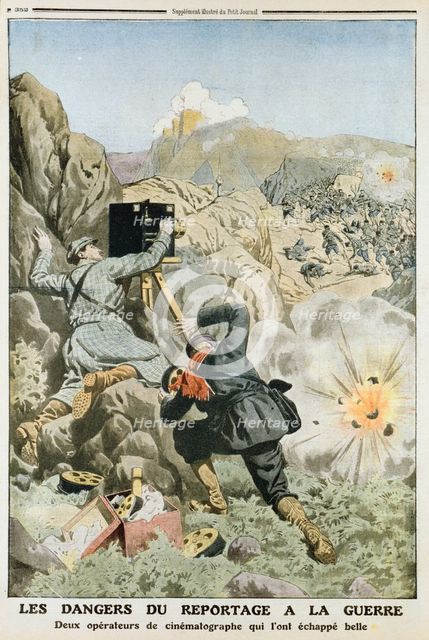 Cameramen under fire while filming in the First Balkan War, 1912. Creator: Unknown.