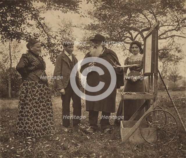 Camille Pissarro, Julie, Jeanne and Ludovic-Rodo at an easel in the orchard, c1890s. Creator: Unknown.