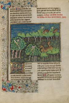Camouflaged Hunters Preparing to Attack a Deer; Livre de la Chasse, about 1430-1440. Creator: Unknown