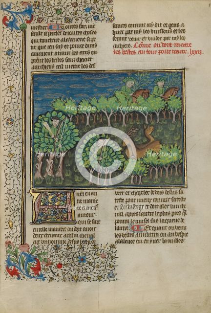 Camouflaged Hunters Preparing to Attack a Deer; Livre de la Chasse, about 1430-1440. Creator: Unknown.