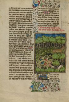 Camouflaged Hunters Preparing to Attack a Deer; Livre de la Chasse, about 1430-1440. Creator: Unknown