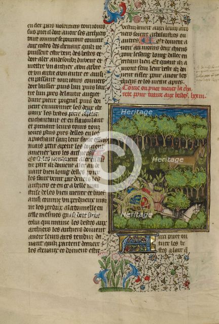 Camouflaged Hunters Preparing to Attack a Deer; Livre de la Chasse, about 1430-1440. Creator: Unknown.