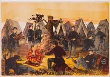 Camp Fire, pub. c1865 (colour lithograph) Creator: American School (19th Century)