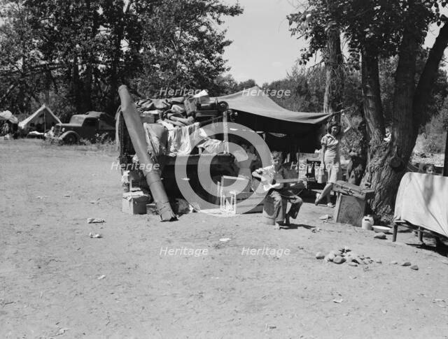 Camp of family with nine children...on the road for three years, Washington, Yakima Valley, 1939. Creator: Dorothea Lange.