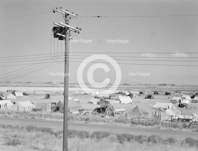 Camp of migrant potato pickers seen from potato shed..., Tulelake, Siskiyou County, California, 1939 Creator: Dorothea Lange.