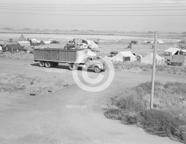 Camp of migrant potato pickers seen from potato shed..., Tulelake, Siskiyou County, California, 1939 Creator: Dorothea Lange.