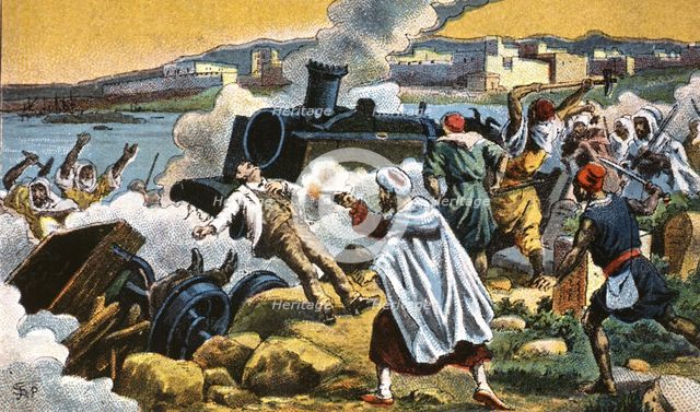 Campaign of Morocco, the Moors attack the civilians of the railroad near Melilla, 1909, colored e…