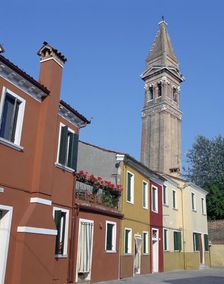 Campanile of the Church of San Martino and painted houses, Burano, Venice, Italy