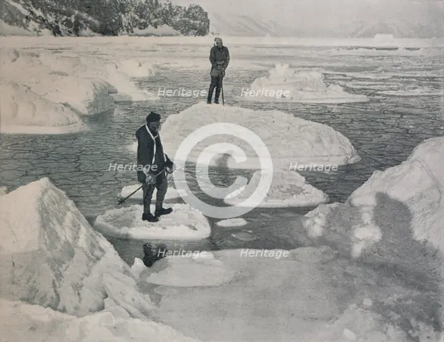 'Campbell and Priestley Afloat on Pancake Ice', 1912, (1913). Artist: G Murray Levick.