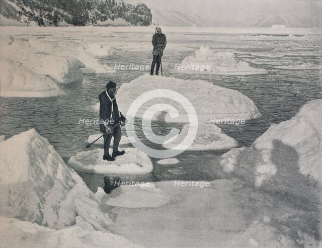 'Campbell and Priestley Afloat on Pancake Ice', 1912, (1913). Artist: G Murray Levick.