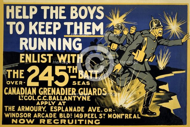 Canadian Army Recruitment Poster Help the Boys Keep them Running, 1914-1918.