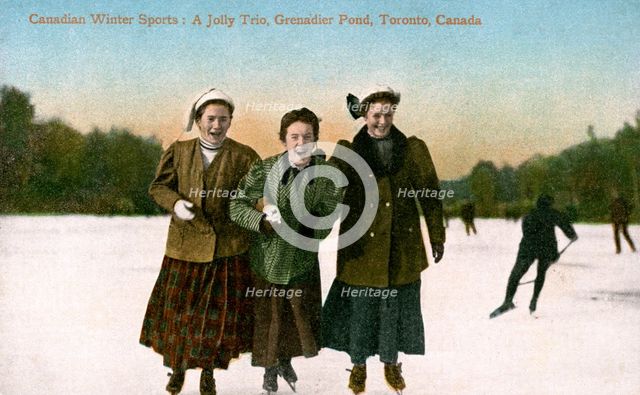 Canadian Winter Sports: A Jolly Trio, Grenadier Pond, Toronto, Canada, 20th Century.Artist: Valentine & Sons Publishing Co