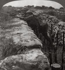 Canadians leaving their trenches to rush a German position, World War I, 1914-1918.Artist: Realistic Travels Publishers