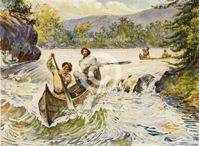 'Canadians Shooting Rapids in Canoes', 1911. Creator: Unknown.