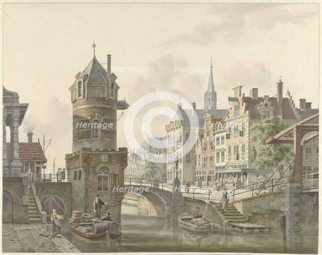 Canal in a city with a turret at a stone bridge, 1788-1846. Creator: Jan Hendrik Verheyen.