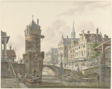 Canal in a city with a turret at a stone bridge, 1788-1846. Creator: Jan Hendrik Verheyen