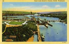 Canal locks, Lake Washington Ship Canal, Seattle, Washington, USA, 1935