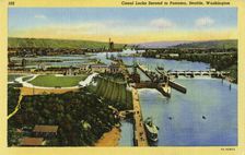Canal locks, Lake Washington Ship Canal, Seattle, Washington, USA, 1935