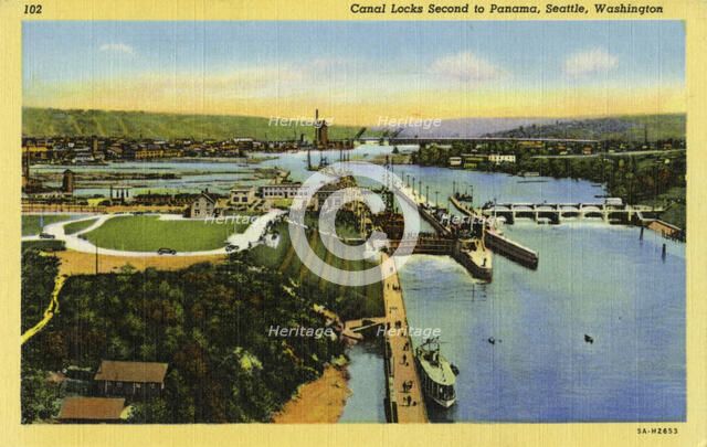 Canal locks, Lake Washington Ship Canal, Seattle, Washington, USA, 1935. Artist: Unknown