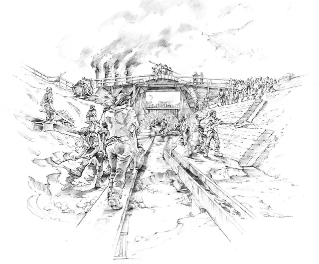 Canal workers at Stourport, Worcestershire, c1770, (c1990-2010) Artist: Peter Dunn.