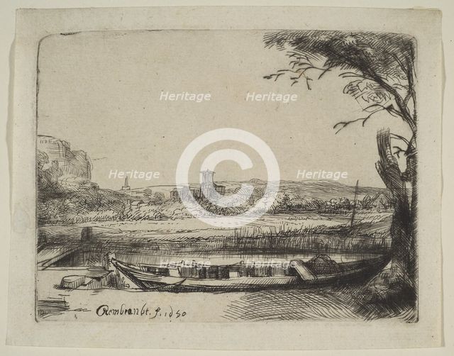 Canal with a Large Boat and a Bridge, 1650. Creator: Rembrandt Harmensz van Rijn.
