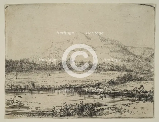 Canal with an Angler and Two Swans, 1650. Creator: Rembrandt Harmensz van Rijn.