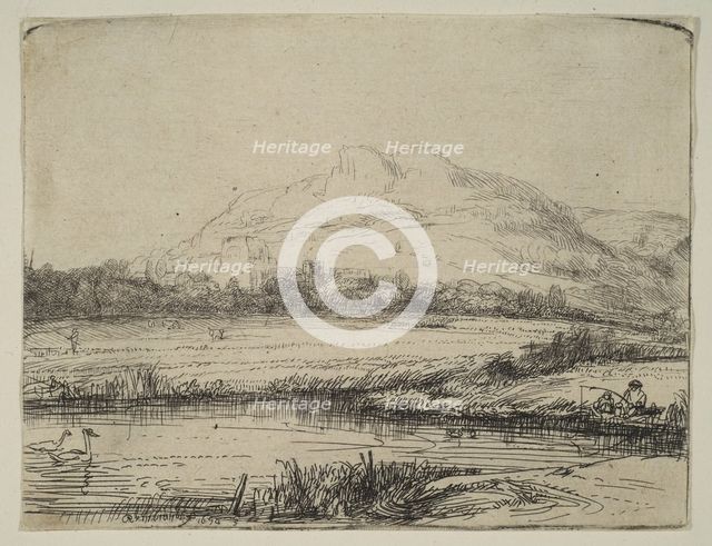 Canal with an Angler and Two Swans, 1650. Creator: Rembrandt Harmensz van Rijn.
