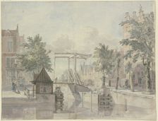 Canal with lock gate, a maid sweeps the street on the left, 18th century. Creator: Johannes Huibert Prins