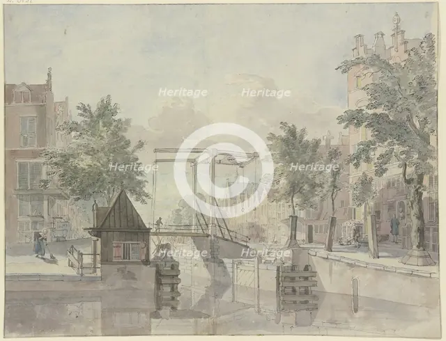 Canal with lock gate, a maid sweeps the street on the left, 18th century. Creator: Johannes Huibert Prins.
