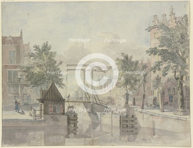 Canal with lock gate, a maid sweeps the street on the left, 18th century. Creator: Johannes Huibert Prins.