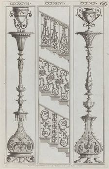 Candelabra Designs and Stair Railing Designs, nos. CCCXCV-CCCXCVII and 398-400 ("..., April 1, 1792. Creator: Michelangelo Pergolesi