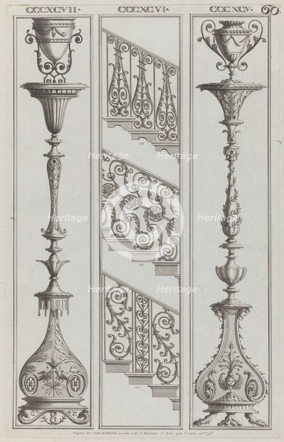 Candelabra Designs and Stair Railing Designs, nos. CCCXCV-CCCXCVII and 398-400 ("..., April 1, 1792. Creator: Michelangelo Pergolesi.